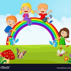 Cartoon Happy Kids Sitting On Rainbow On The Fores Vector 5810407